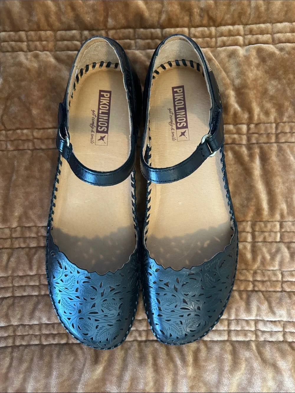 PIKOLINOS Black Laser-Cut Mary Jane Flats with Ankle Strap
